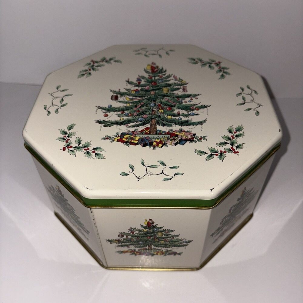 Vintage Spode Christmas Tree Cookie Tin Octagonal Made in England